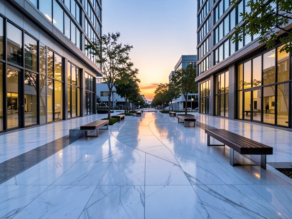 Line sleek white marble plaza dusk winding
