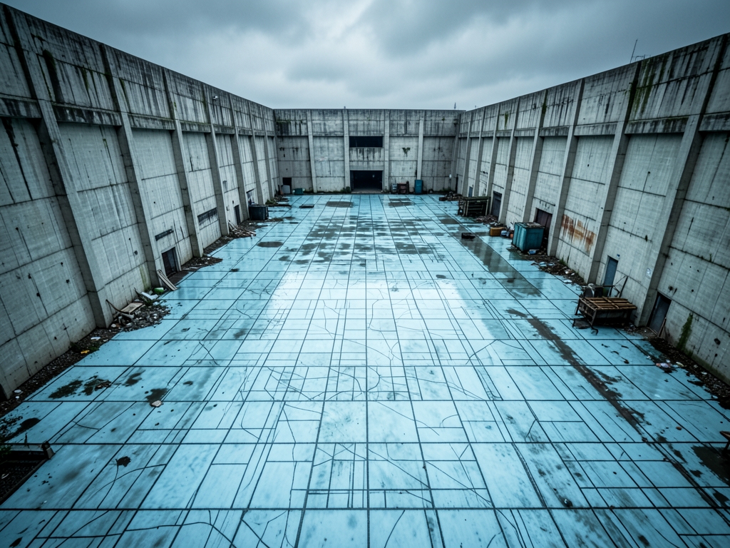 abandoned concrete industrial hall seen from above rain soaked