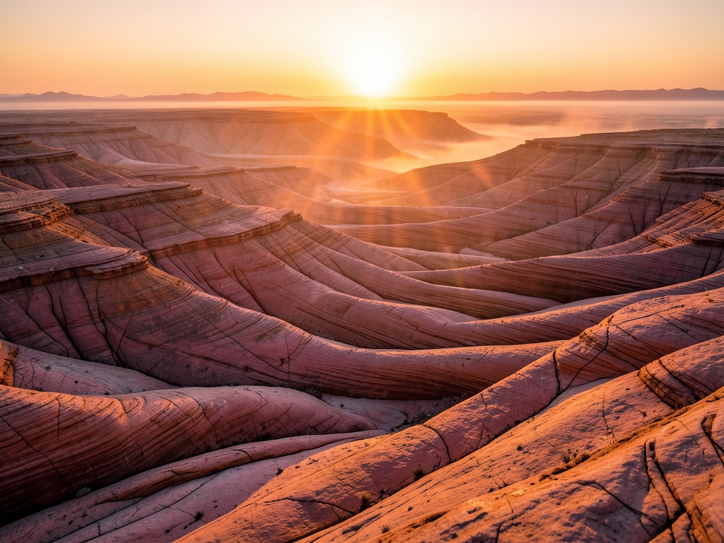 vast desert dusk with parallel grooves carved into
