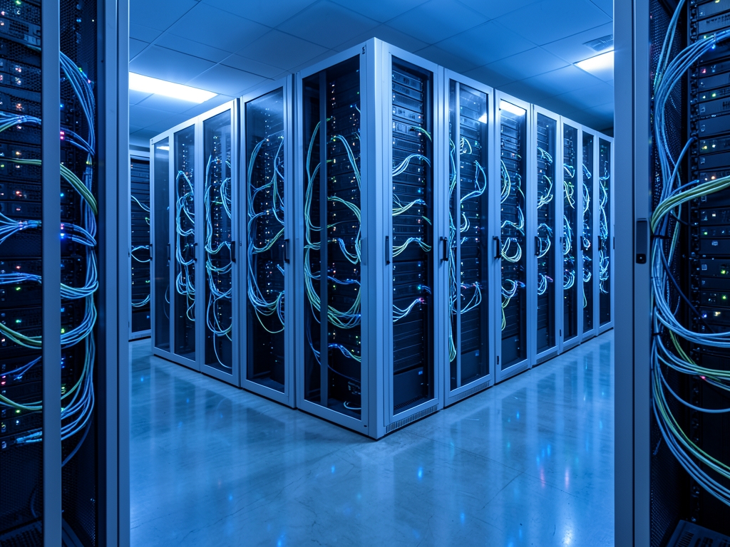 Cool blue lit server room with rows metal racks