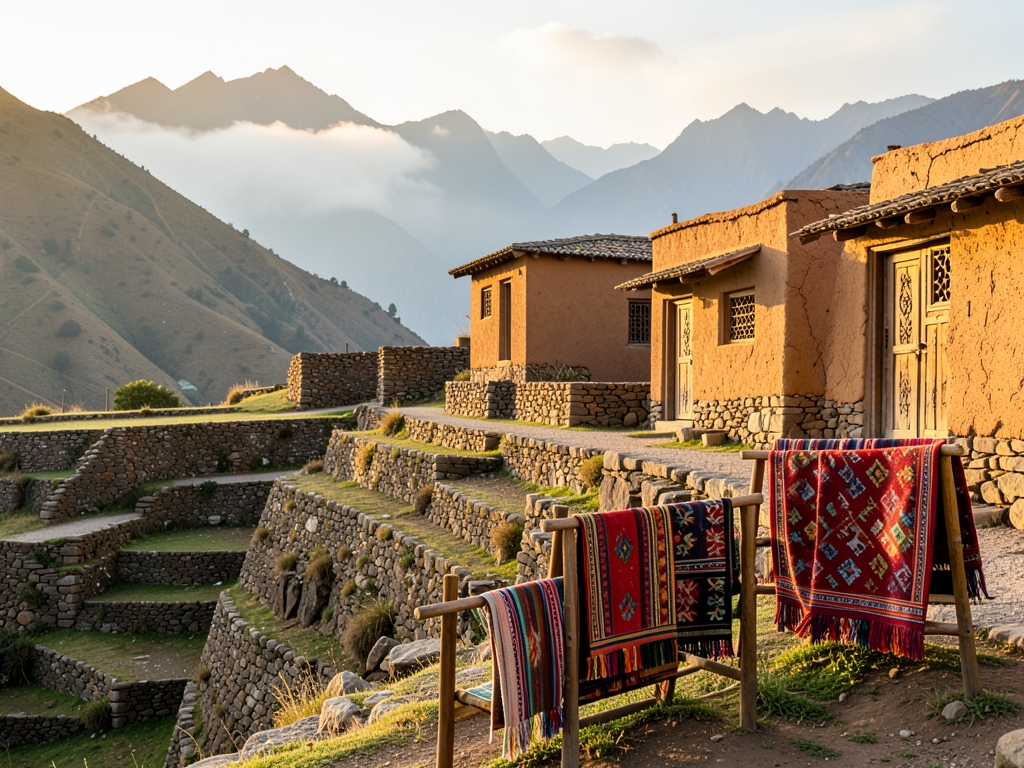 Golden hour light over stone terraces adobe houses high