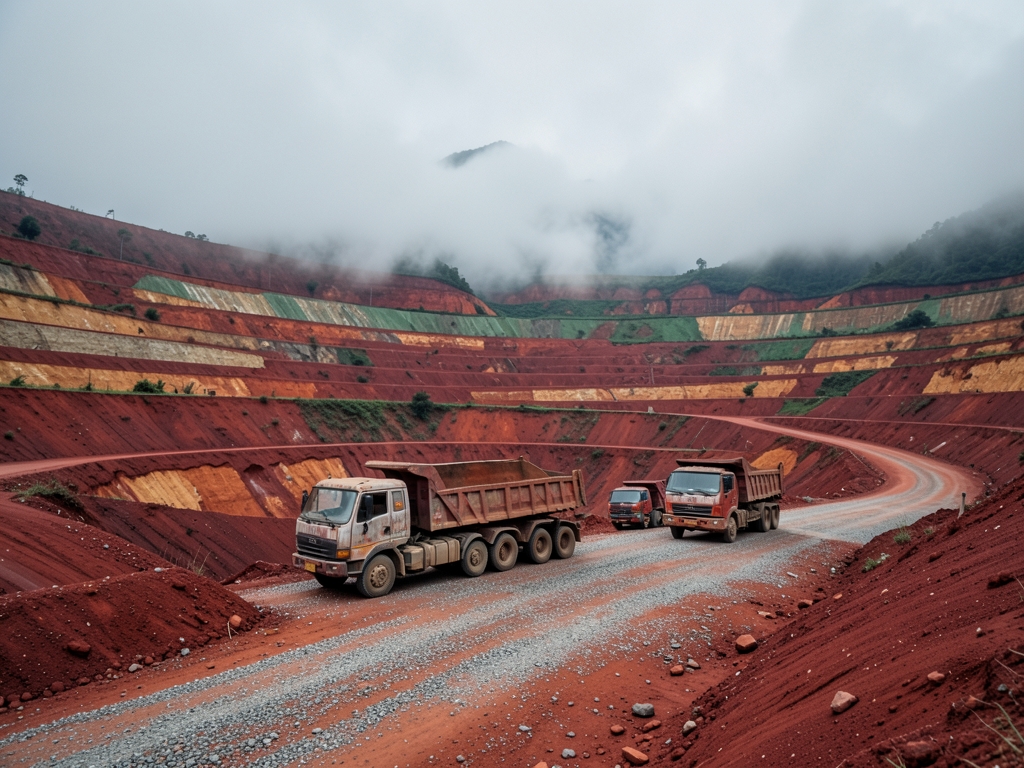 vast terraced clay quarry South China under overcast