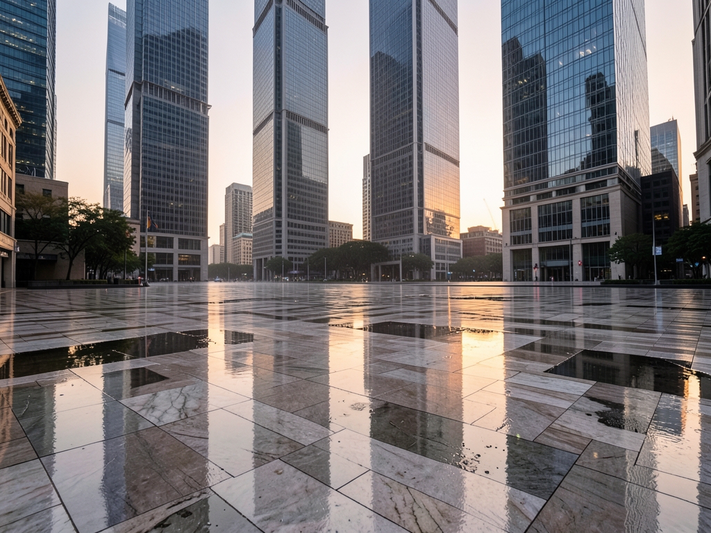 vast empty financial district plaza dawn after rain