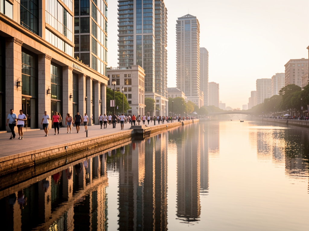 wide riverwalk promenade golden hour with tall hotel