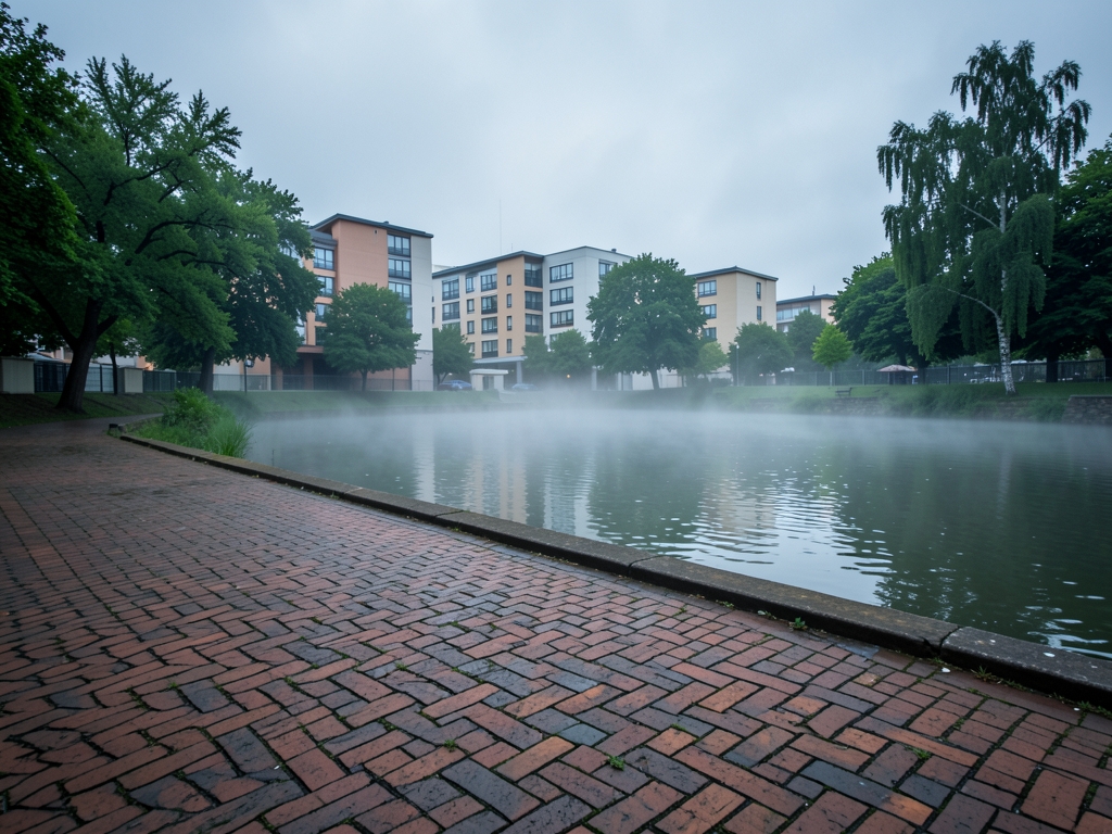quiet riverwalk overcast weekday morning empty brick pathways