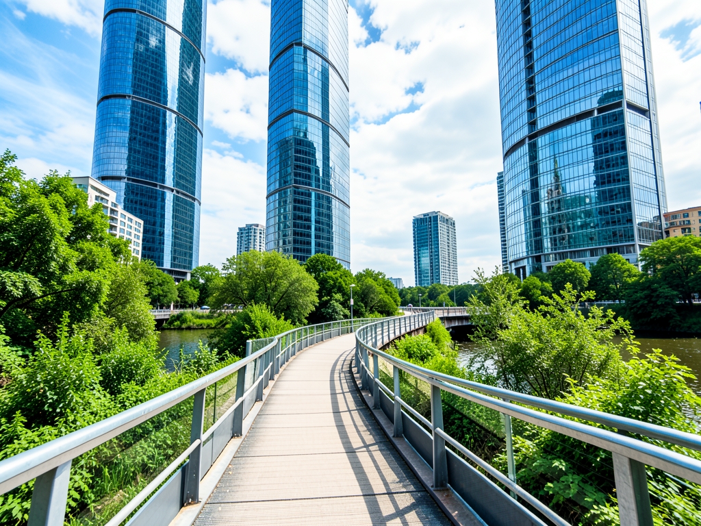 Winding riverside trail curving past sleek glass towers
