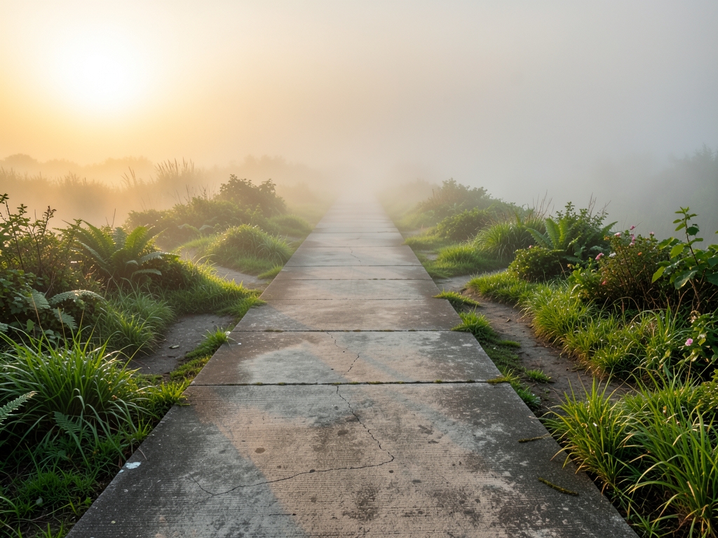 Empty straight concrete causeway fading into beside lush