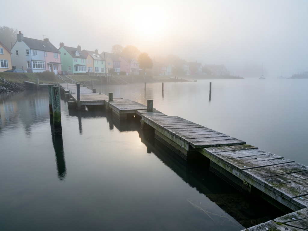 Misty morning landscape quiet coastal town with weathered