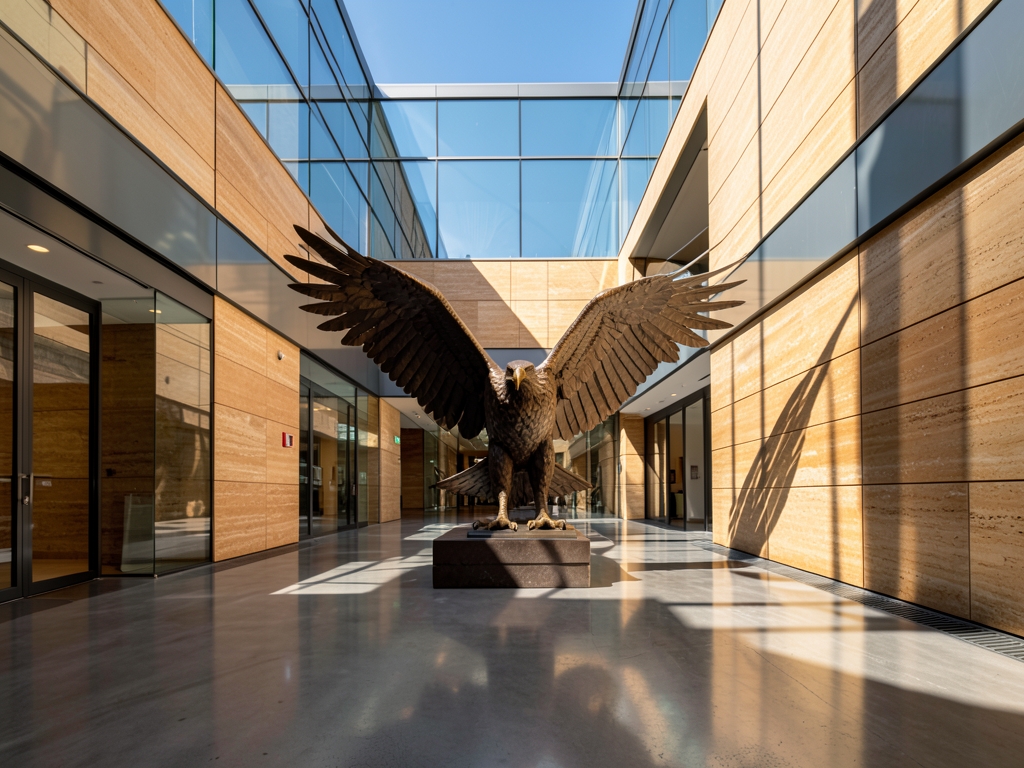 Sunlit modern glass office atrium with polished concrete