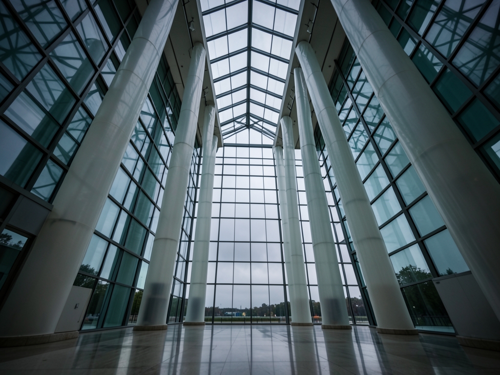vast dimly glass atrium under heavy overcast sky
