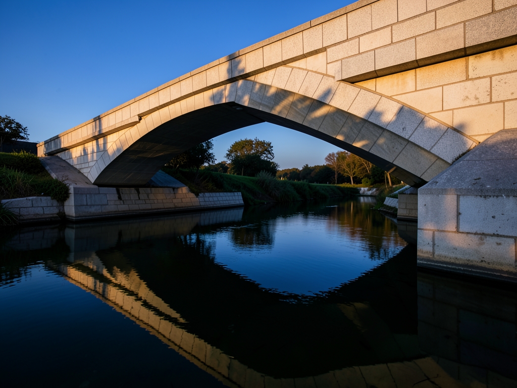 stark modernist stone bridge arching over shallow perfectly