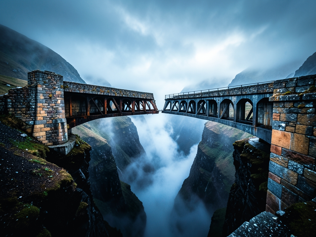 misty mountain pass where mismatched stone bridges meet