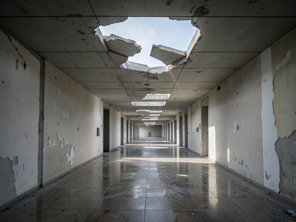 long concrete corridor with fractured ceiling panels letting