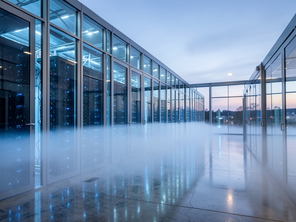 vast glass and steel data center dusk rows softly glowing