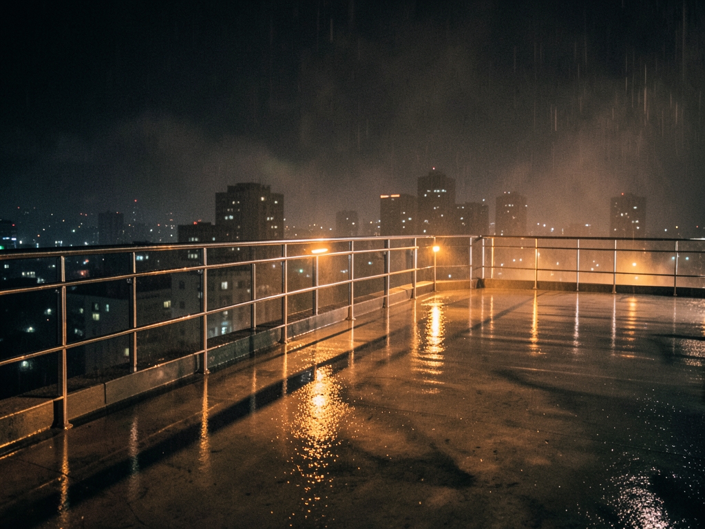 rain soaked rooftop terrace overlooking dark city skyline night