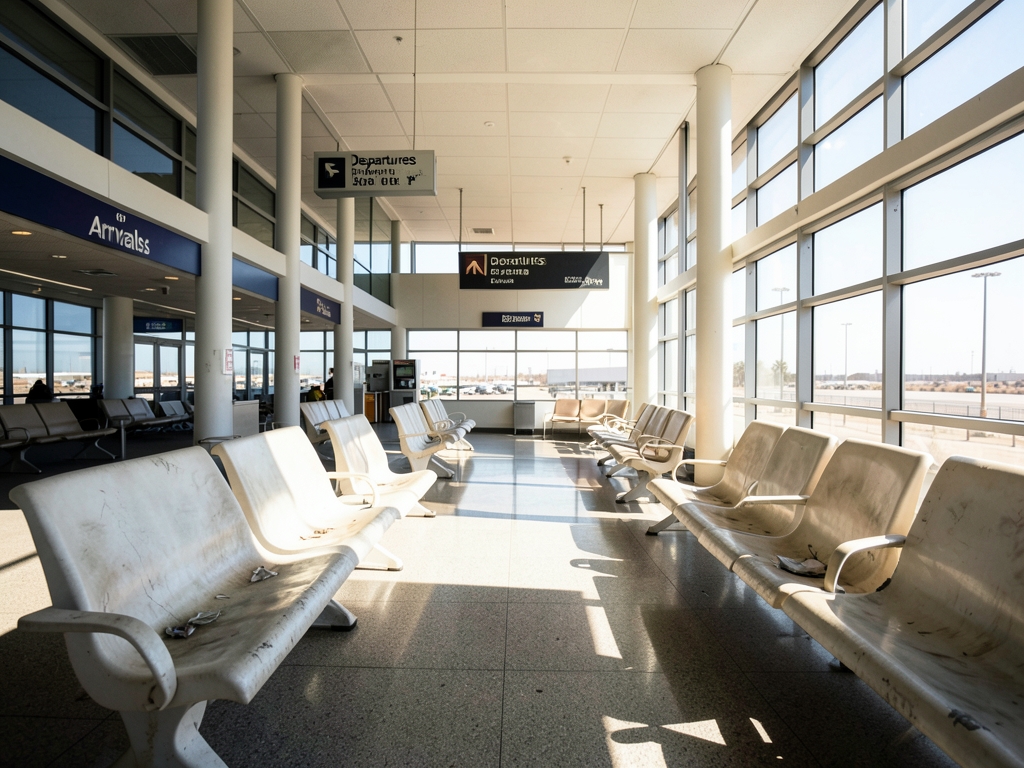sun bleached Orlando airport terminal with bleached plastic seating