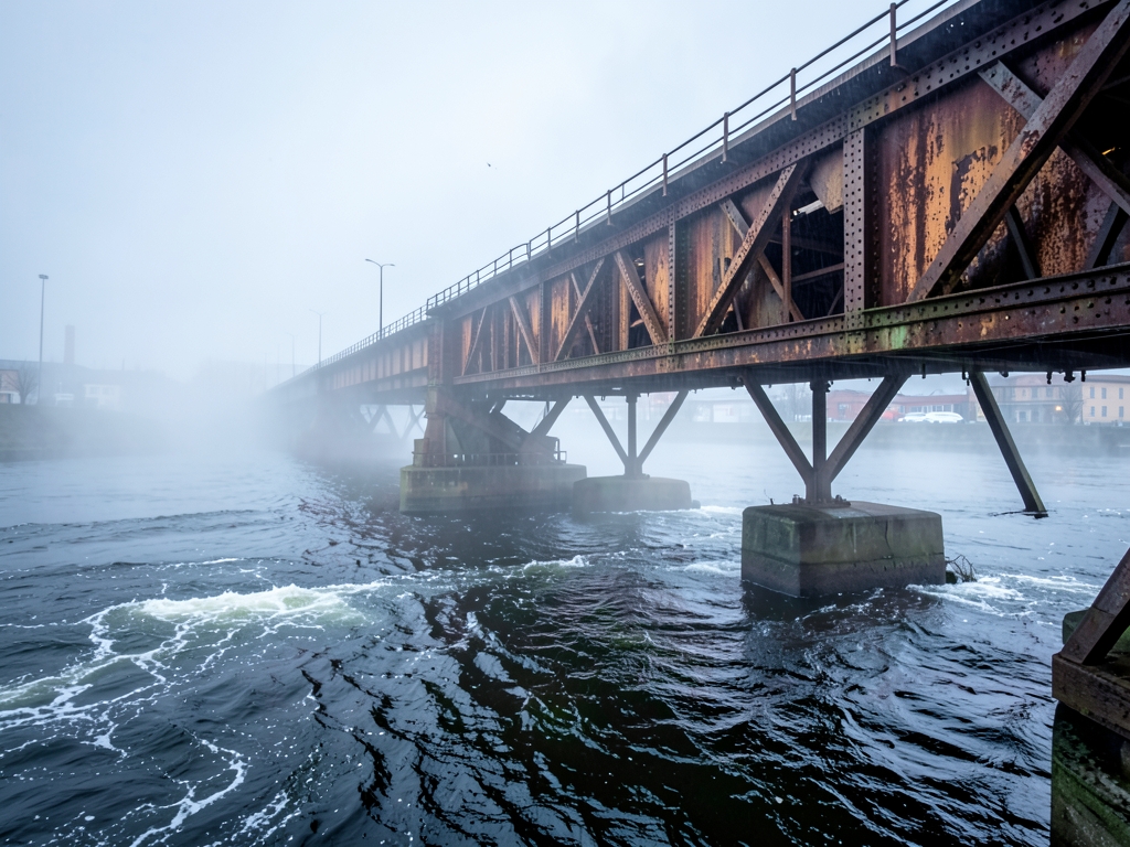 misty industrial bridge stretching over dark churning river