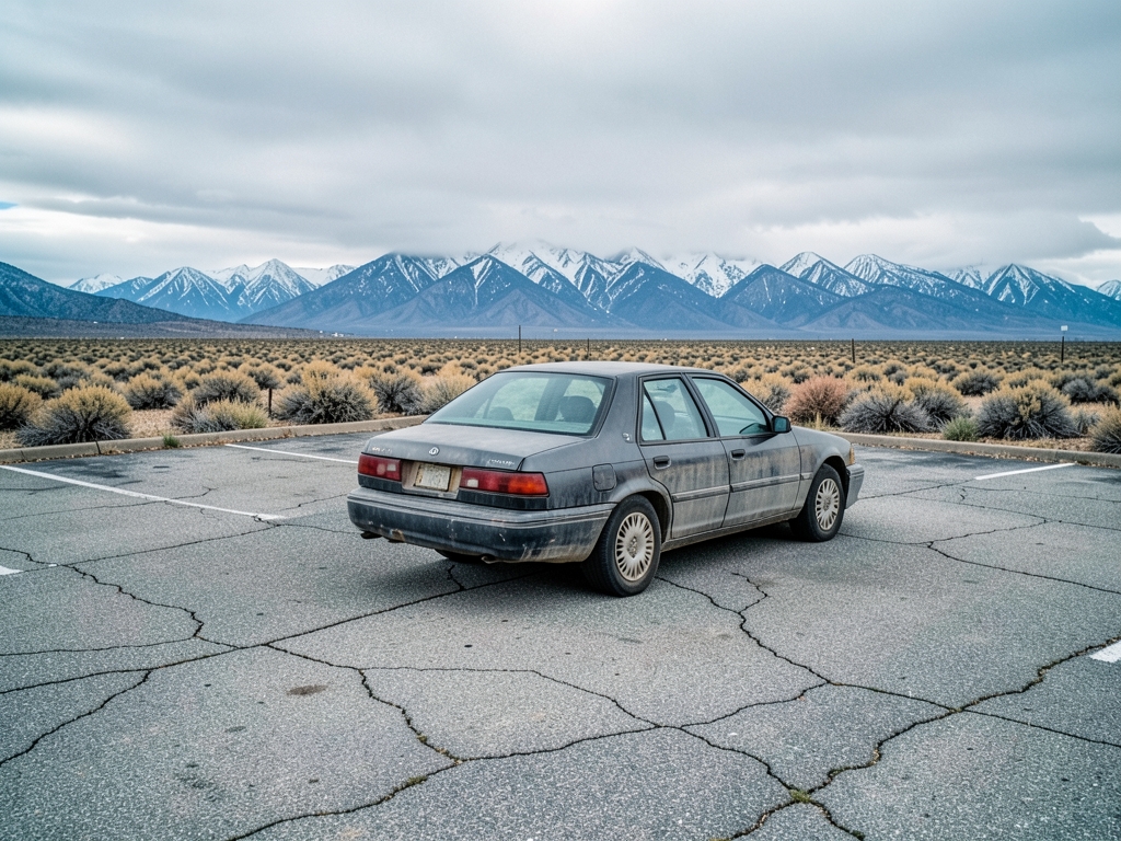 weathered sedan parked cracked asphalt beneath overcast skies
