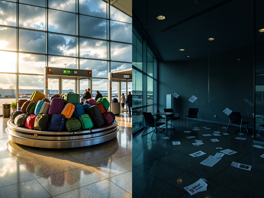 Sun drenched airport terminal with glass walls reflecting stormy