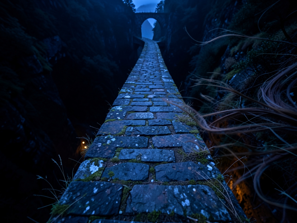 narrow stone bridge over deep dark ravine twilight