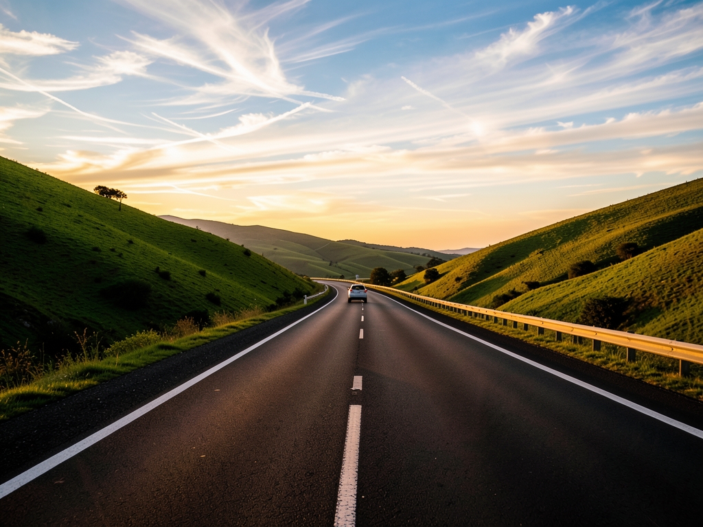 Open highway crossing rolling green hills sunset with