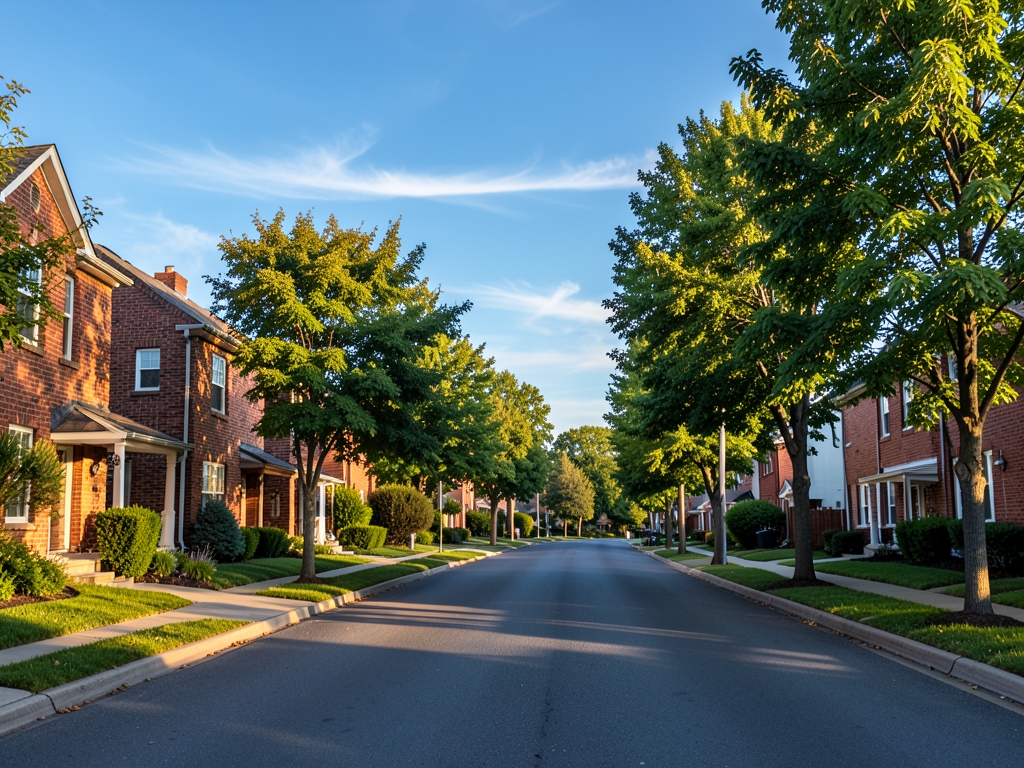 Quiet suburban street early morning with brick houses