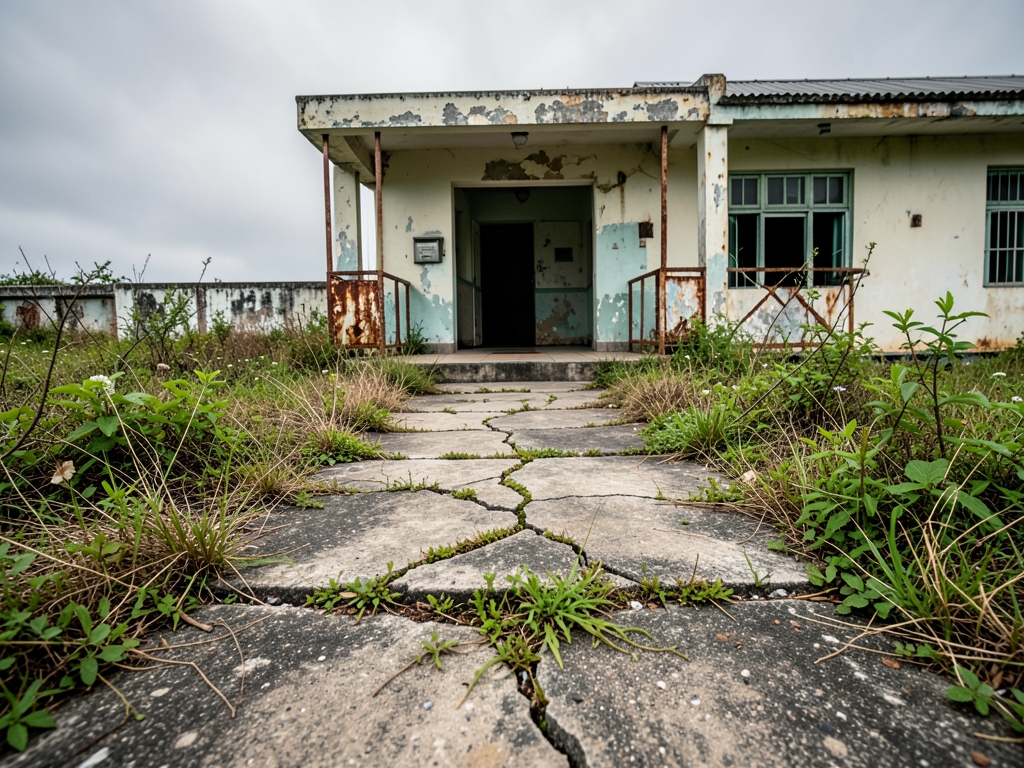 Cracked concrete walkway leading weathered resort entrance overgrown