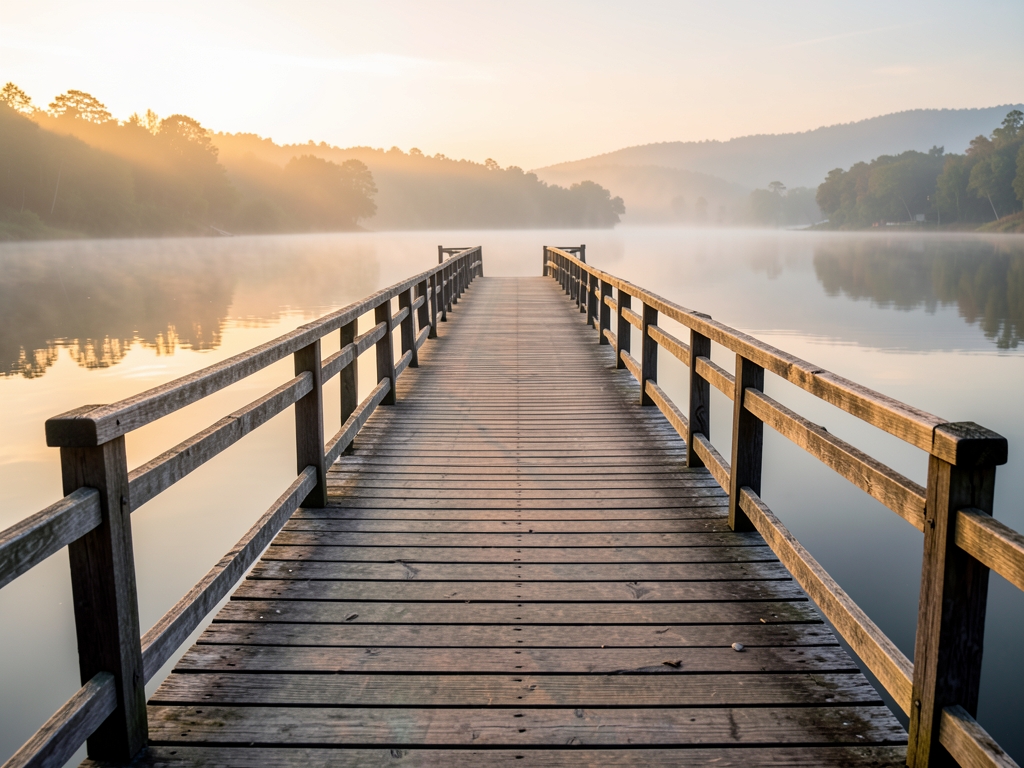 long wooden footpath stretching across calm lake sunrise