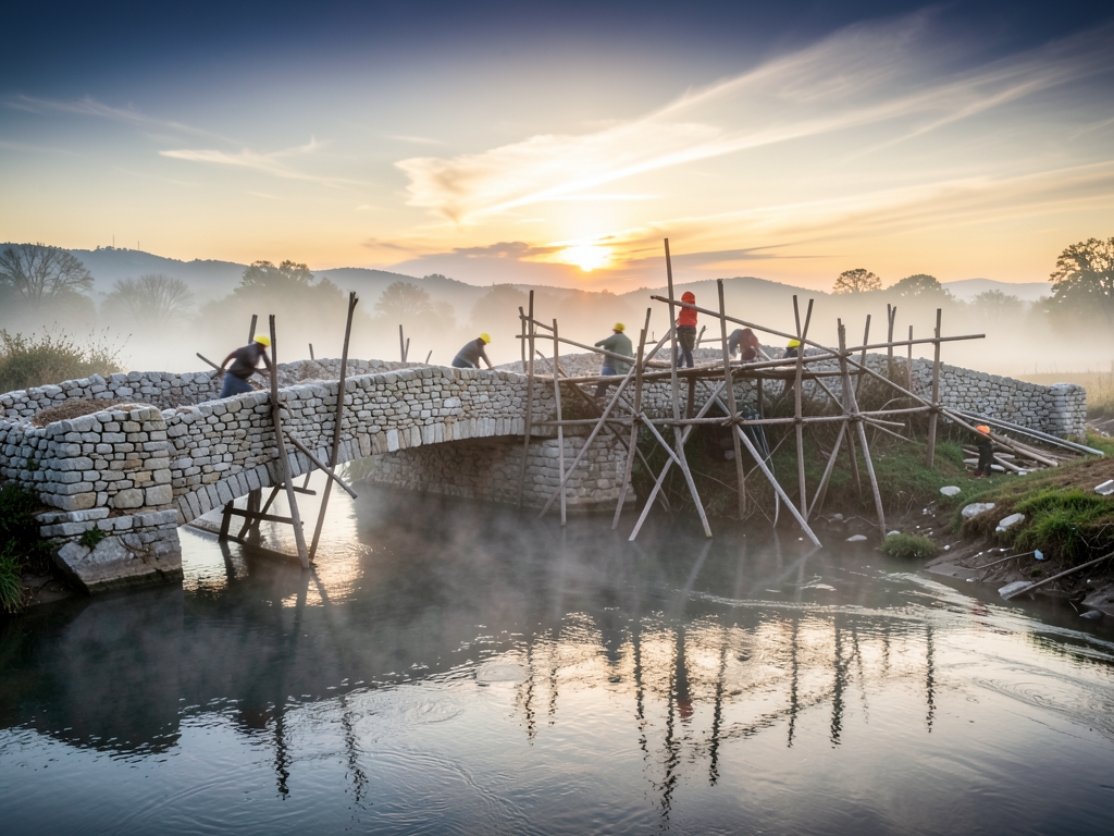 half built stone bridge over misty river dawn wooden