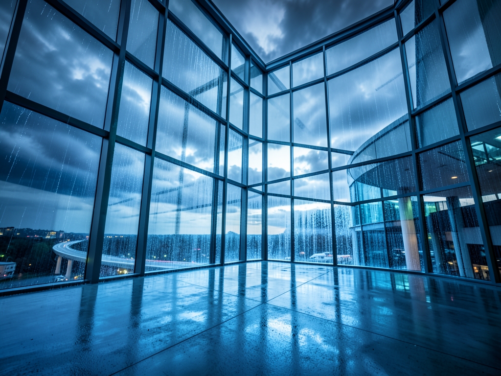modern glass atrium open stormy sky rain streaking