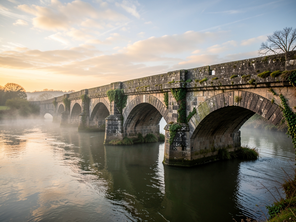 vast stone bridge arching over slow moving river dawn