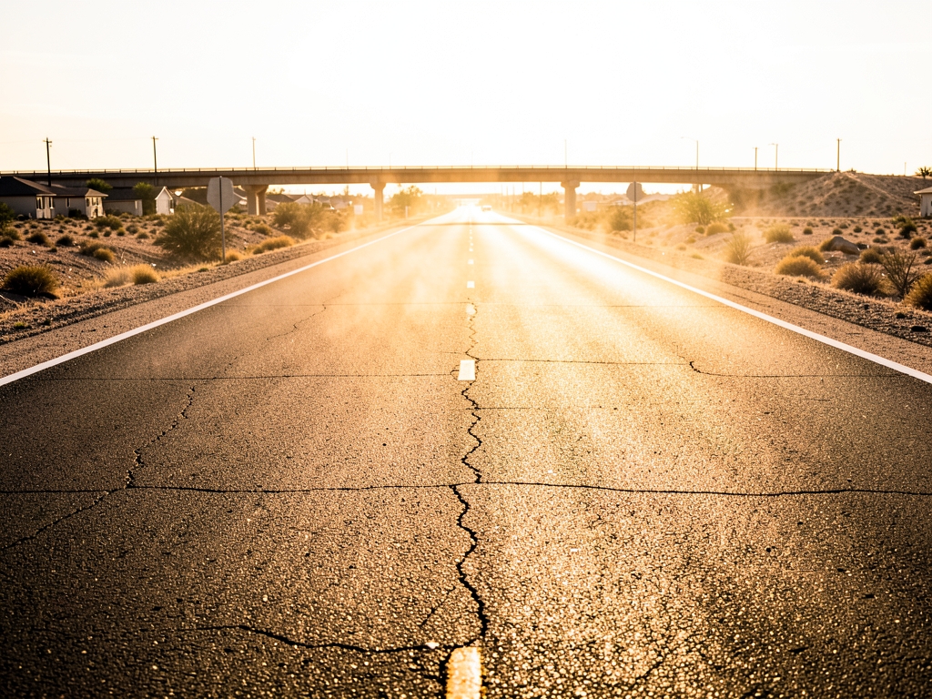 wide sun bleached highway cutting through sparse Belt suburban