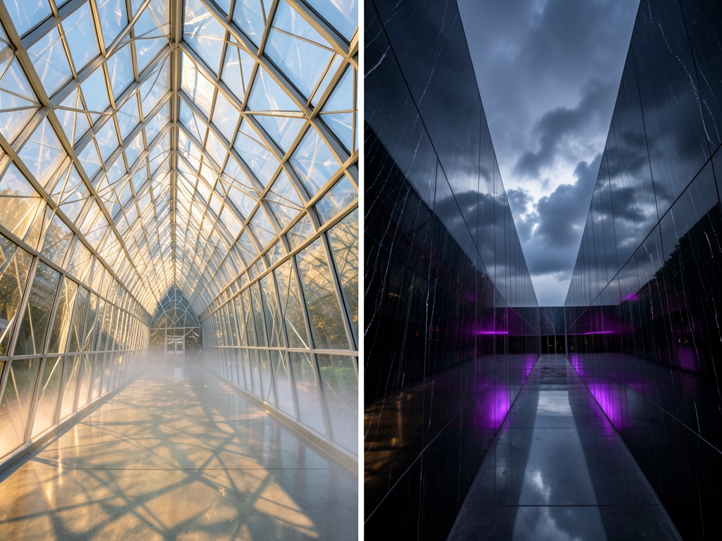 vast glass atrium dawn pale golden light filtering