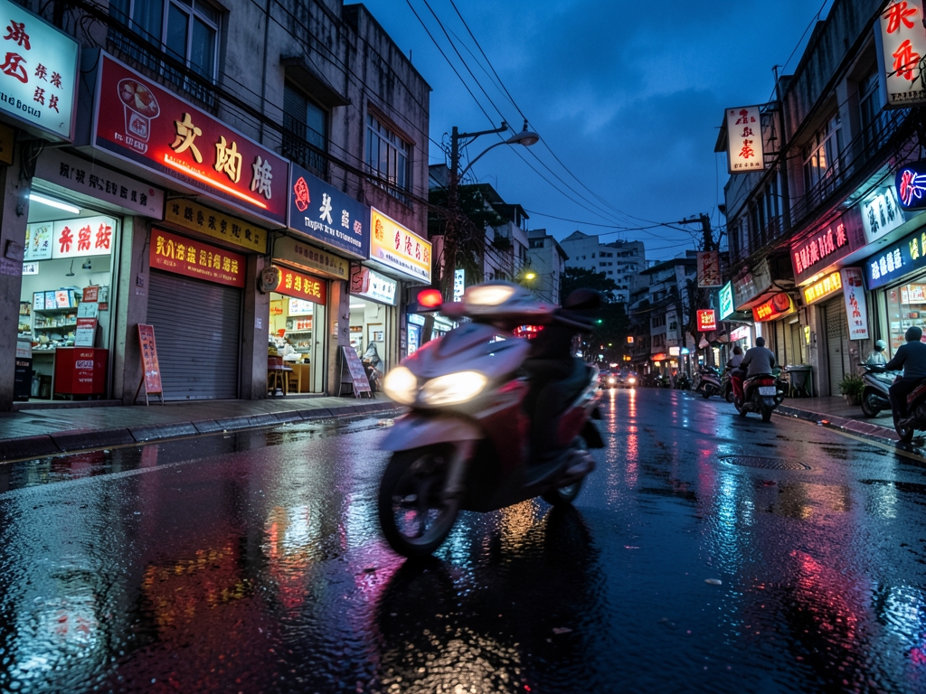 Taipei street dusk pavement reflections fast scooter light