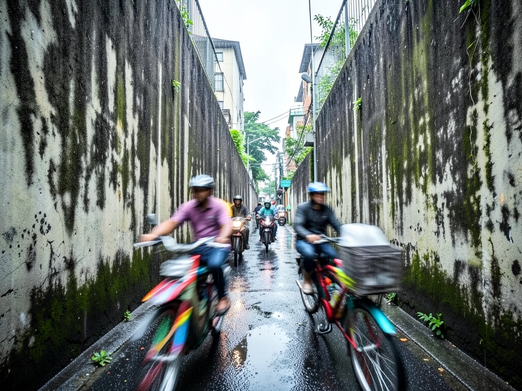 Taipei narrow lane light rain blurred bicycle scooter