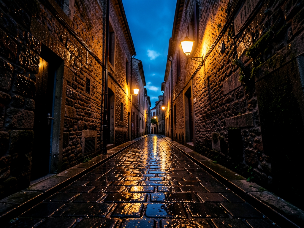 rain soaked cobblestone alley dusk with amber streetlights casting