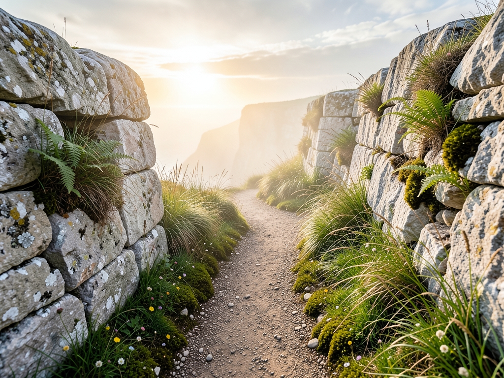 sunlit coastal cliffside path with soft mist drifting