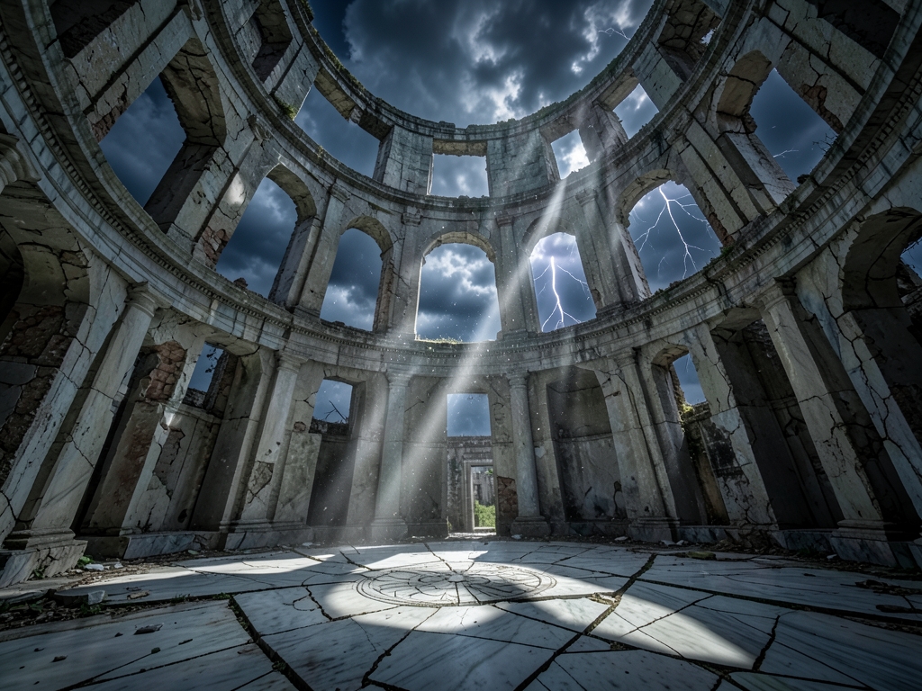 vast abandoned observatory dome under turbulent stormy sky