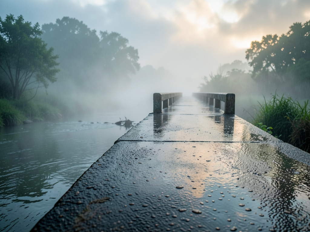 rain soaked concrete footbridge over misty river dawn soft