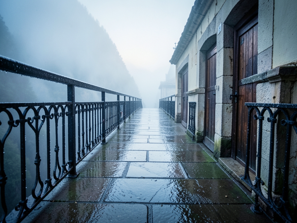narrow rain soaked stone bridge suspended over fog filled ravine