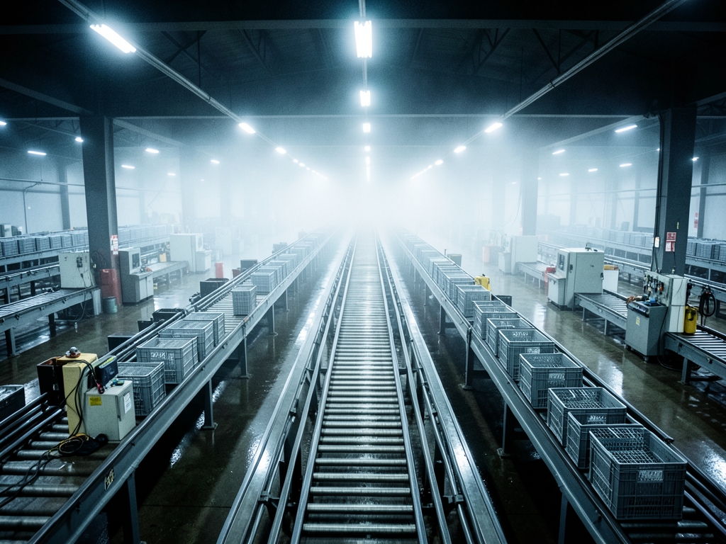 sprawling fluorescent lit warehouse with parallel conveyor belts vanishing