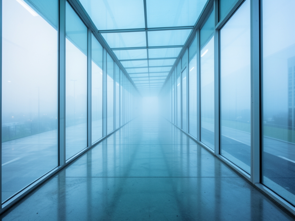 long seamless glass corridor stretching into soft morning