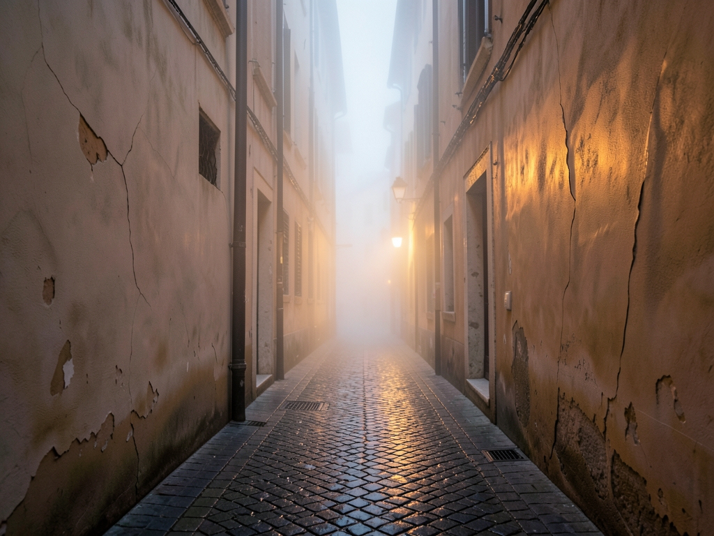 narrow Venetian style alley Trieste dusk pale diffusing warm