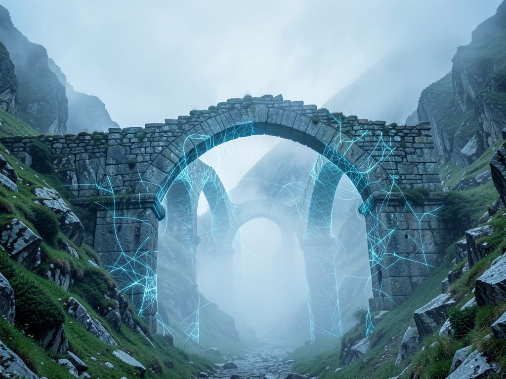 misty mountain pass with ancient stone archways that