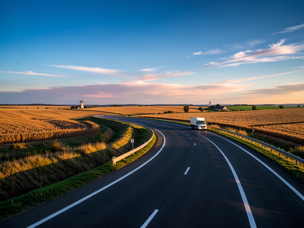 Golden hour highway curve through open farmland distant truck