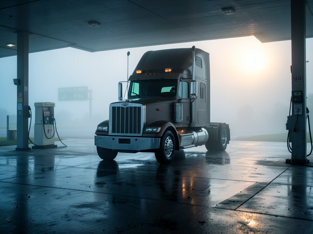 Misty dawn truck stop with parked truck concrete