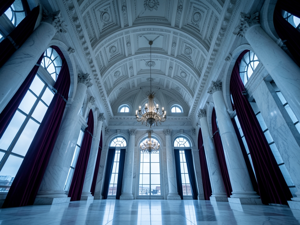 towering marble atrium with tall arched windows casting