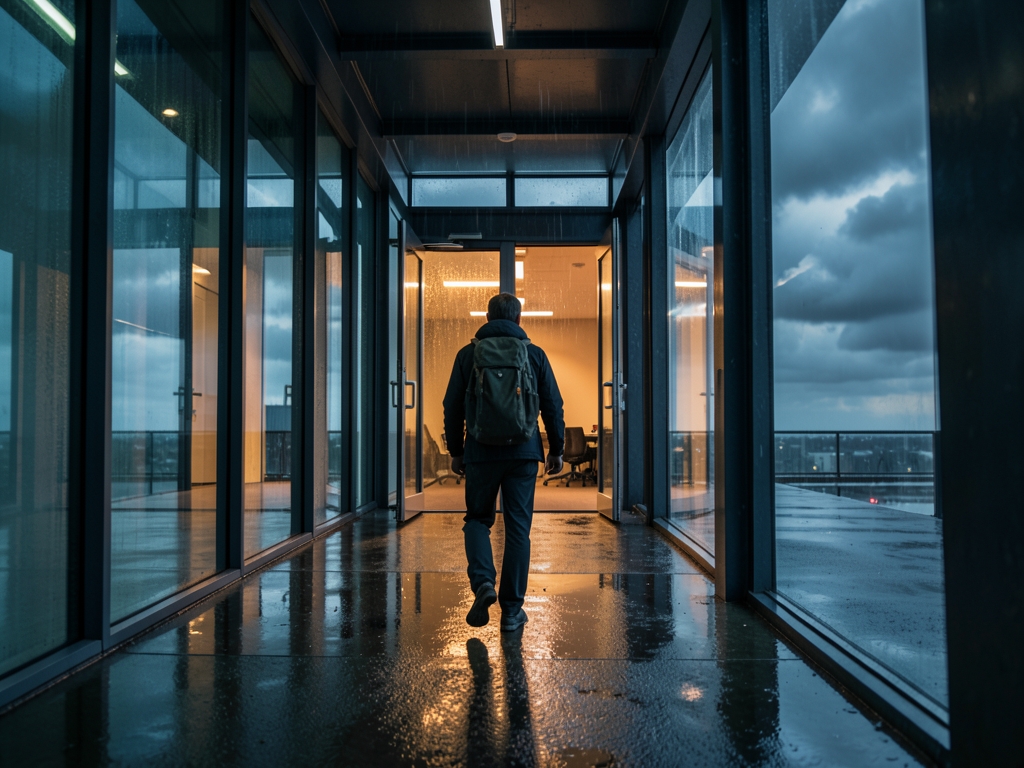lone figure seen from behind walking along rain slicked