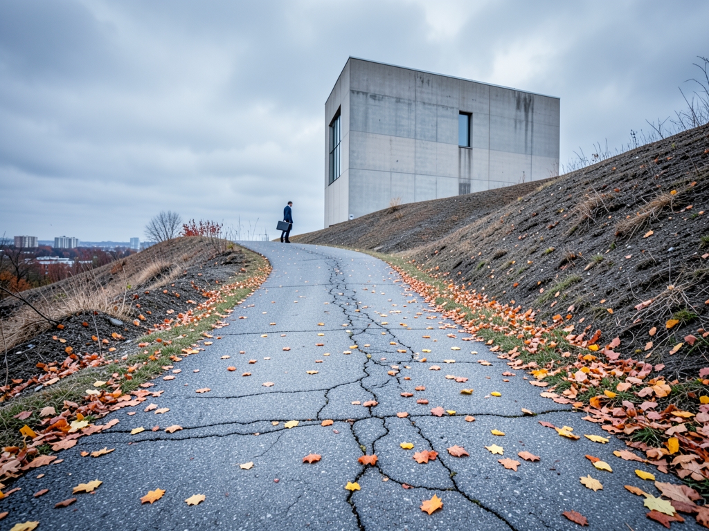 winding cracked asphalt path leading barren hill toward