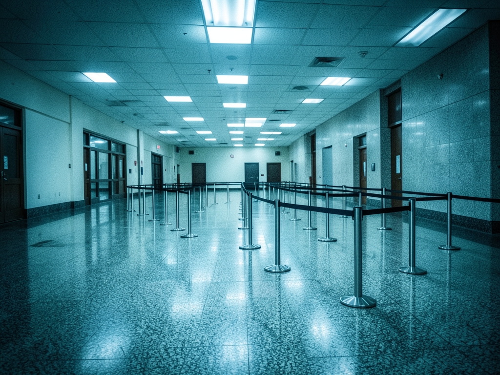 cavernous empty government lobby with polished granite floors